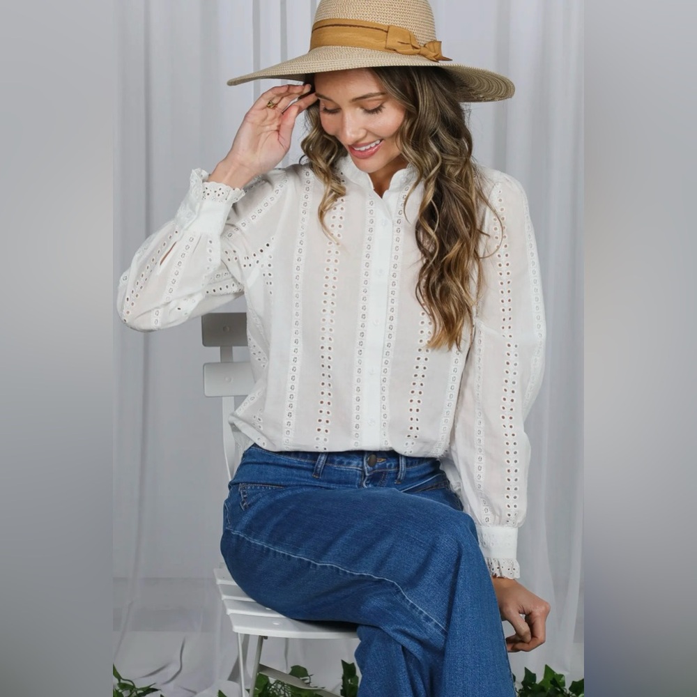 Long Sleeve White Eyelet Blouse